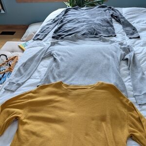 Set of Three Long Sleeve Waffle Tee- Shirts in Gray and Mustard and Camo Size L